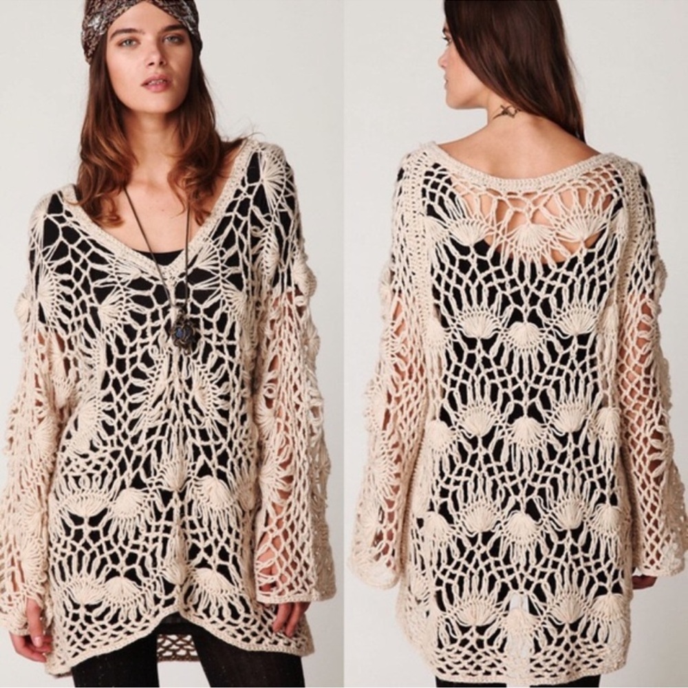 FREE PEOPLE Crochet Sweater Tan Beige Open Knit Beach Swimsuit Coverup Bohemian